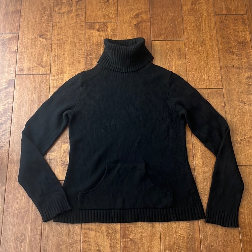 Banana Republic Turtle Neck Wool Blend Kangaroo Pocket Black Sweater Size M